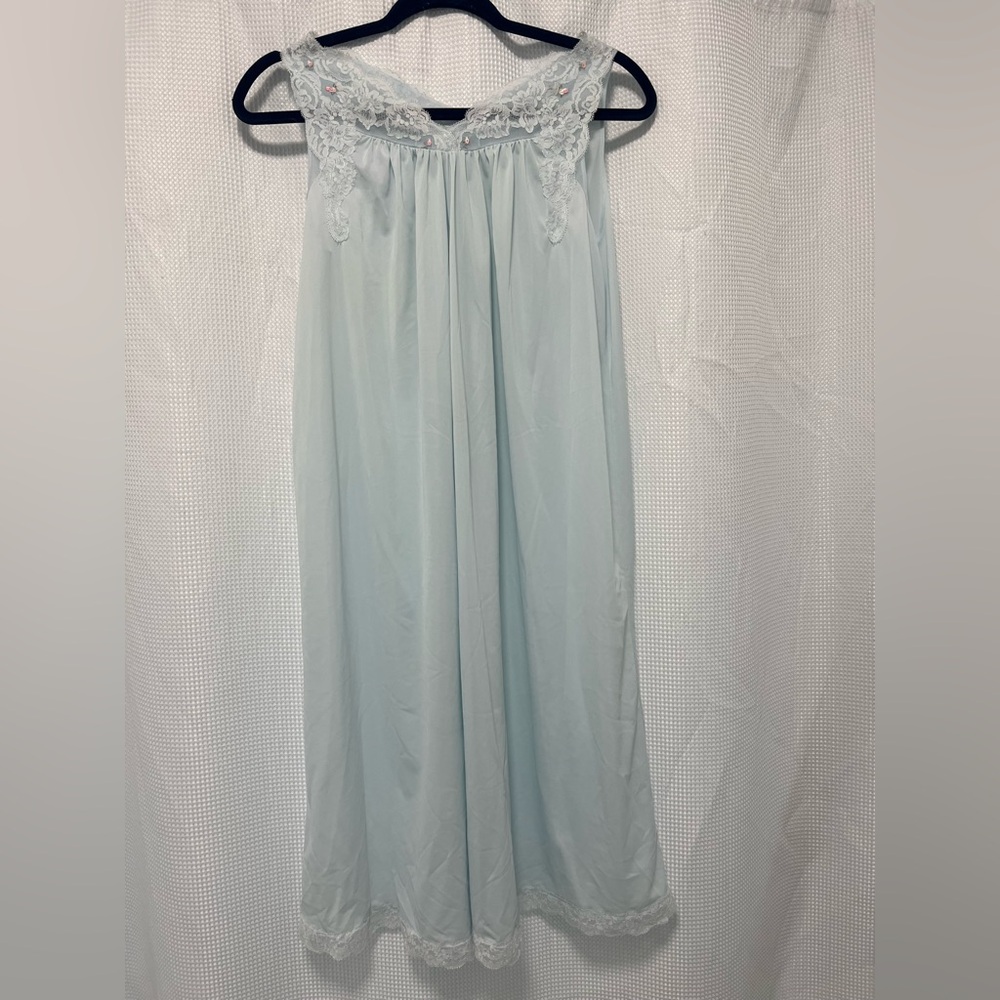 Vintage Shadowline Blue Sheer Lace Nylon Chemise Nightgown Small